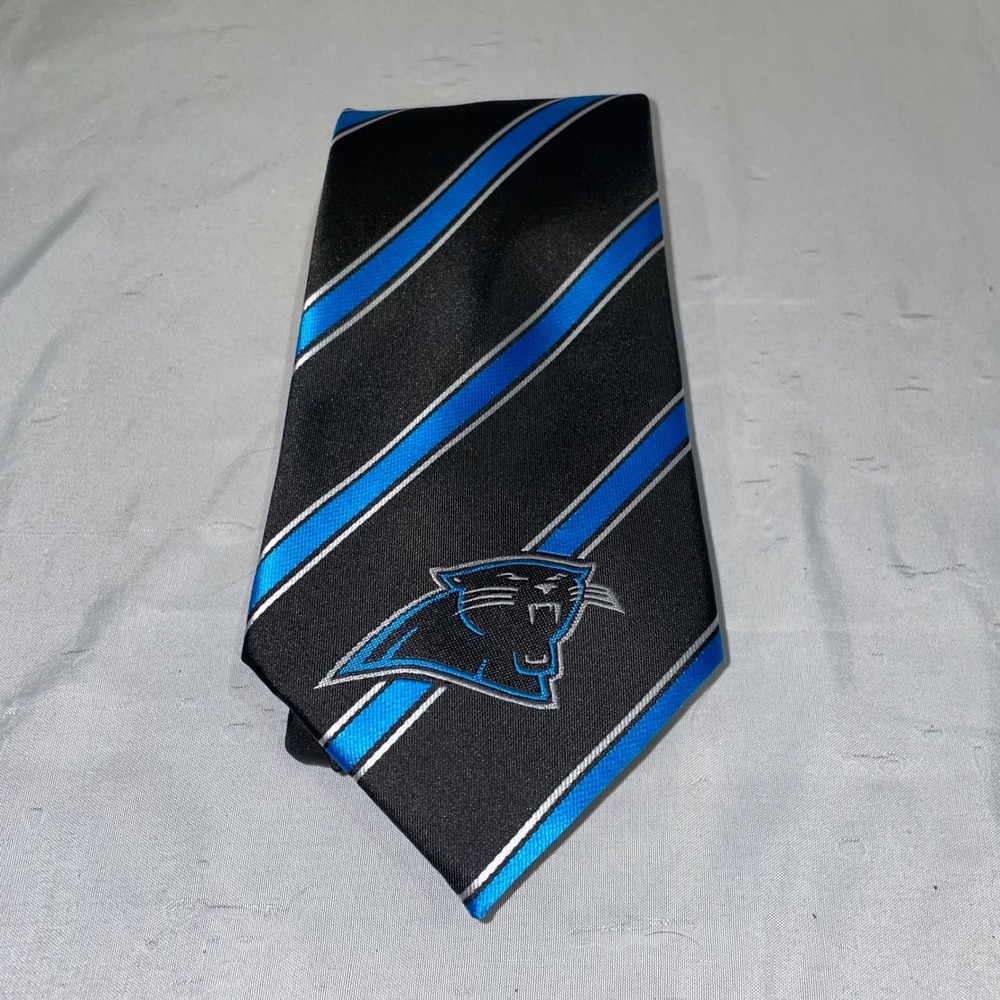 NFL Carolina Panthers Mens Necktie Black Blue Striped Logo Silk Look Tie